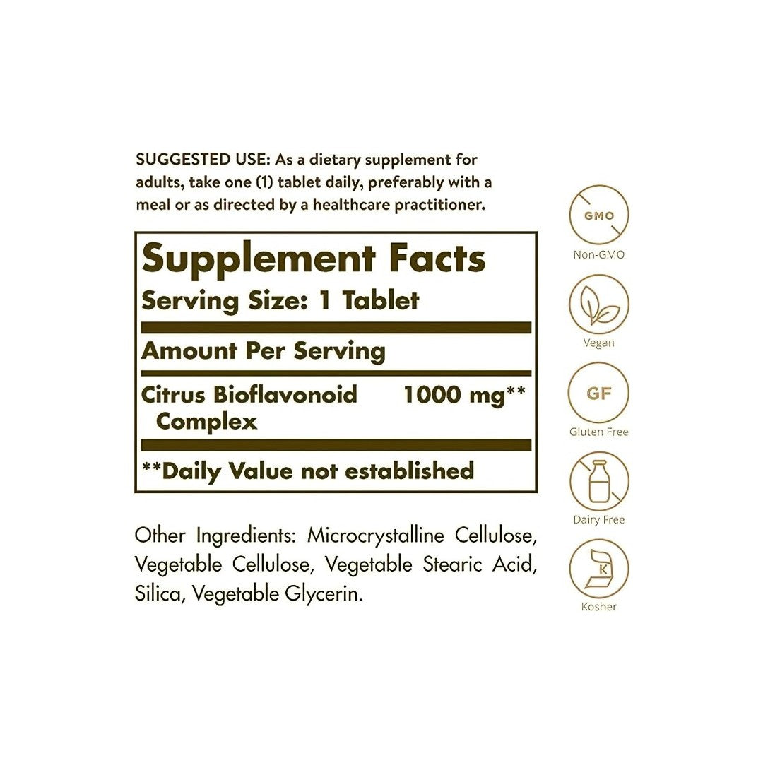 A label showing the ingredients of Solgar's Citrus Bioflavonoid Complex 1000 mg Tablets supplement.