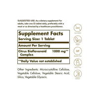 Thumbnail for A label showing the ingredients of Solgar's Citrus Bioflavonoid Complex 1000 mg Tablets supplement.