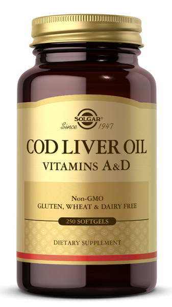 A bottle of Solgar Cod Liver Oil Sftgels Vitamin A & D 250 softgel and add.