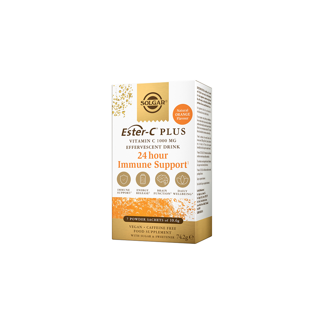 The Solgar Ester-C Plus Vitamin C powder offers 24-hour immune support with a refreshing natural orange flavor. Enriched with B vitamins, this vegan and caffeine-free product includes seven sachets each weighing 10.6 g, with a total weight of 742 g.