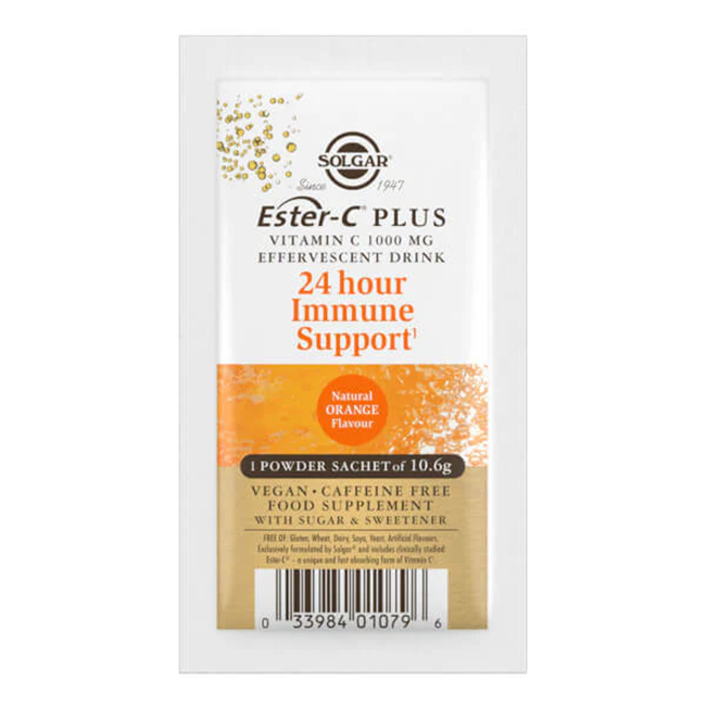 Each 10.6g sachet of Solgar's Ester-C Plus Vitamin C provides 1000 mg of vitamin C for round-the-clock immune system support with a natural orange flavor. This vegan, caffeine-free supplement also includes B vitamins and contains both sugar and sweetener.