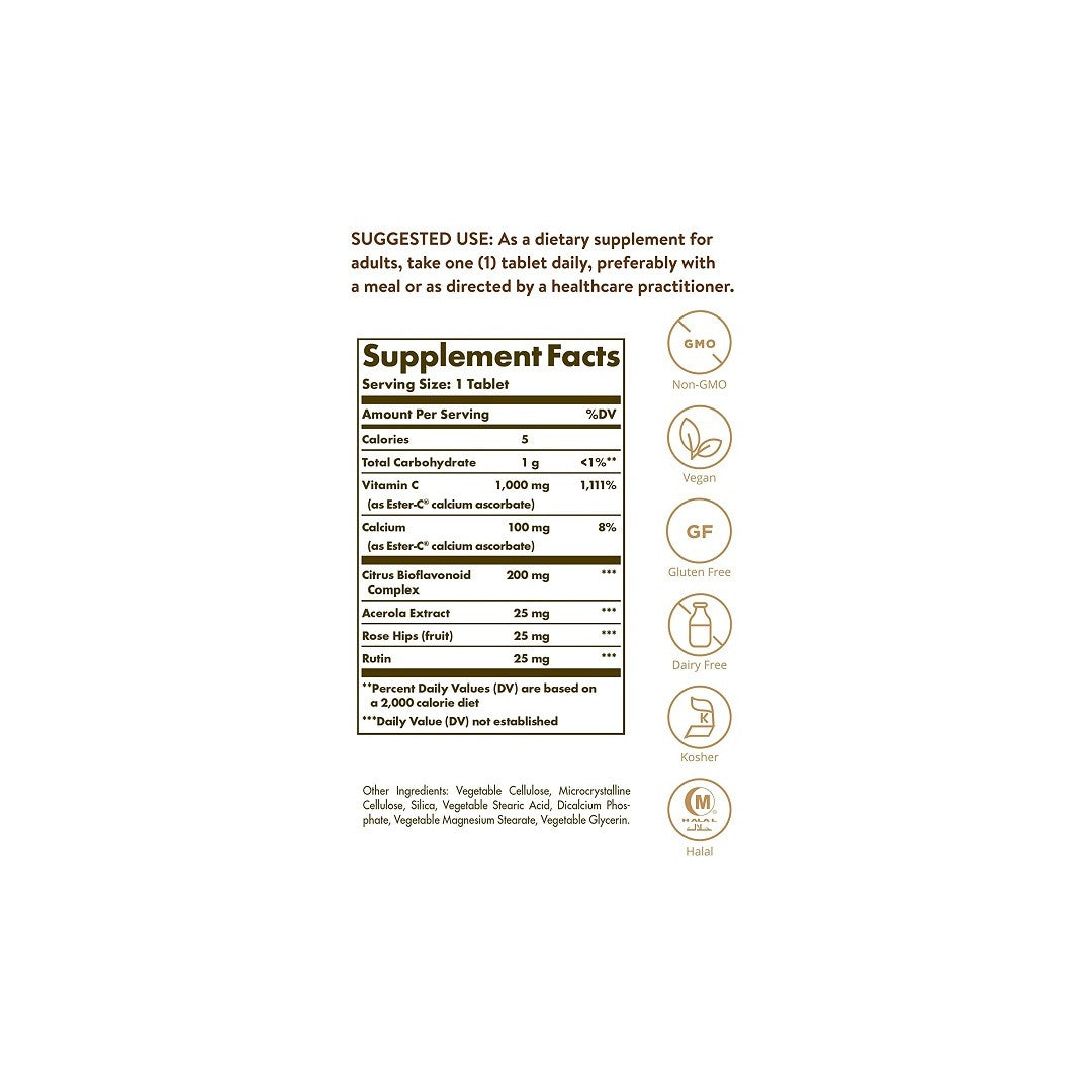 The back of a Solgar label for Ester-c Plus 1000 mg vitamin C 90 tablets supplement.