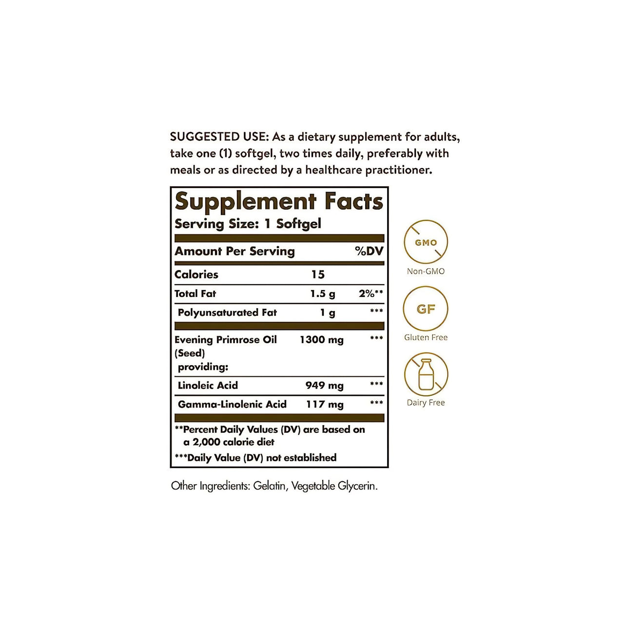 A label showing the ingredients of Solgar's Evening Primrose Oil 1300 mg 60 Softgels supplement.