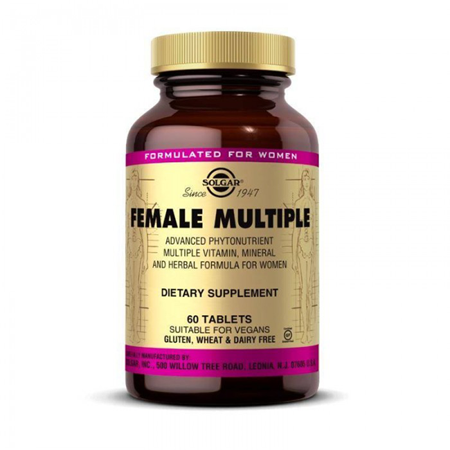 The Solgar Female Multiple 60 Tablets comes in a brown bottle and contains vegan, gluten-free tablets specifically formulated as a comprehensive multivitamin for women. This dietary supplement supports women's health and is free from both wheat and dairy.