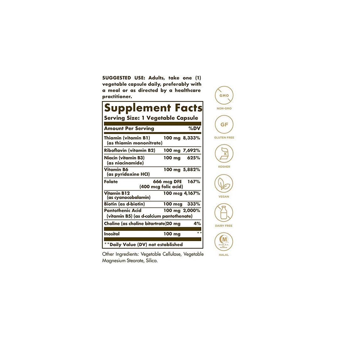 A label displaying the contents of a Solgar Vitamin B-100 Complex supplement, promoting cardiovascular and mental health.