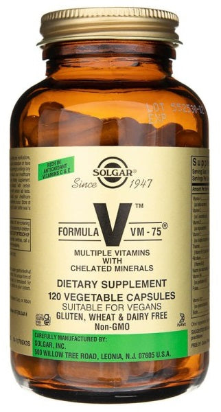 A bottle of Formula VM-75 120 vegetable capsules by Solgar.