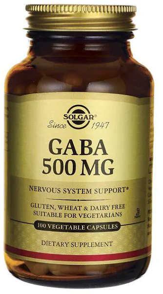 A bottle of Solgar GABA 500 mg 100 vege capsules.