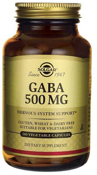 Thumbnail for A bottle of Solgar GABA 500 mg 100 vege capsules.