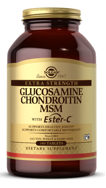 A bottle of Solgar's Glucosamine, Chondroitin, MSM with Ester-C 180 tablets.