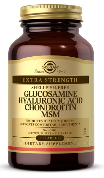 A bottle of Glucosamine, hyaluronic acid, chondroitin & MSM 60 tablets by Solgar.