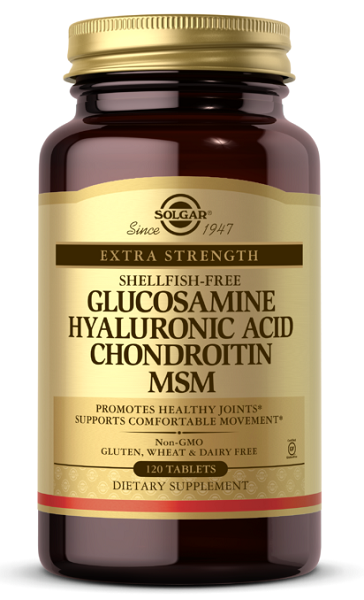 A bottle of Solgar Glucosamine, hyaluronic acid, chondroitin & MSM 120 tabs.