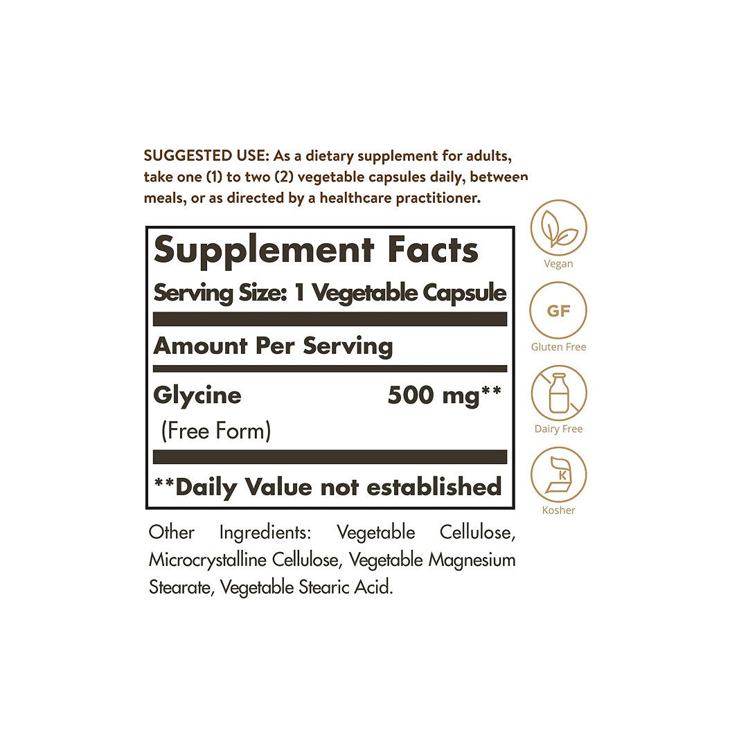 A label for Solgar's Glycine 500 mg 100 Vegetable Capsules, a supplement that contains ginkgo biloba.