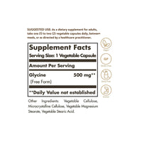 Thumbnail for A label for Solgar's Glycine 500 mg 100 Vegetable Capsules, a supplement that contains ginkgo biloba.
