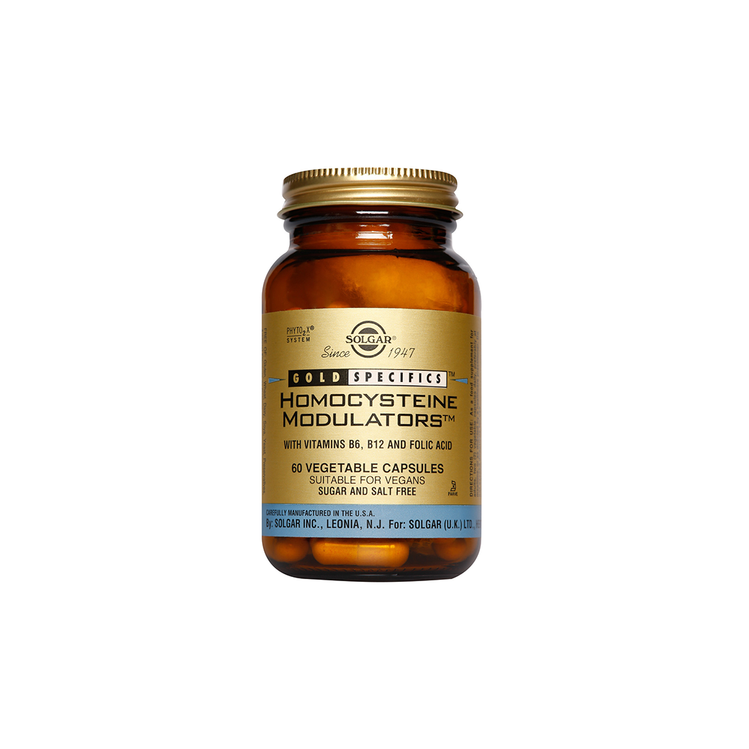 A brown bottle of Solgar's "Homocysteine Modulators" contains 60 vegetable capsules, featuring ingredients like Trimethylglycine and B vitamins such as B6, B12, and folic acid. This vegan-friendly product is also free of sugar and salt.