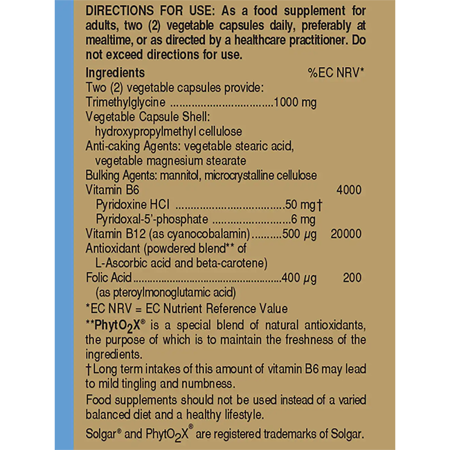 Label for a bottle of Homocysteine Modulators, Solgar's 60 Vegetable Capsules, featuring directions, ingredients, and nutrient information. It provides details on key vitamins such as B vitamins and registered trademarks Solgar® and Phyto2X®.