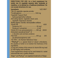 Thumbnail for Label for a bottle of Homocysteine Modulators, Solgar's 60 Vegetable Capsules, featuring directions, ingredients, and nutrient information. It provides details on key vitamins such as B vitamins and registered trademarks Solgar® and Phyto2X®.