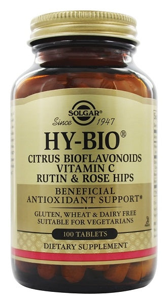 A bottle of Solgar Hy-Bio 100 tablets (500 mg vitamin C with 500 mg bioflavonoids), rutin and hips.