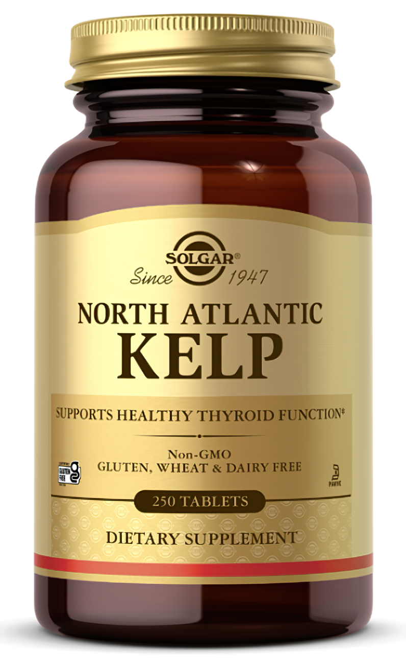 A bottle of Solgar North Atlantic Kelp 200 mcg 250 Tablets, rich in iodine for supporting a healthy thyroid gland.