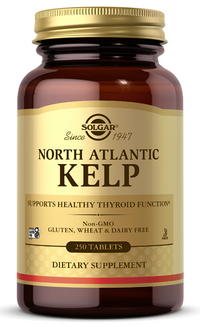 Thumbnail for A bottle of Solgar North Atlantic Kelp 200 mcg 250 Tablets, rich in iodine for supporting a healthy thyroid gland.