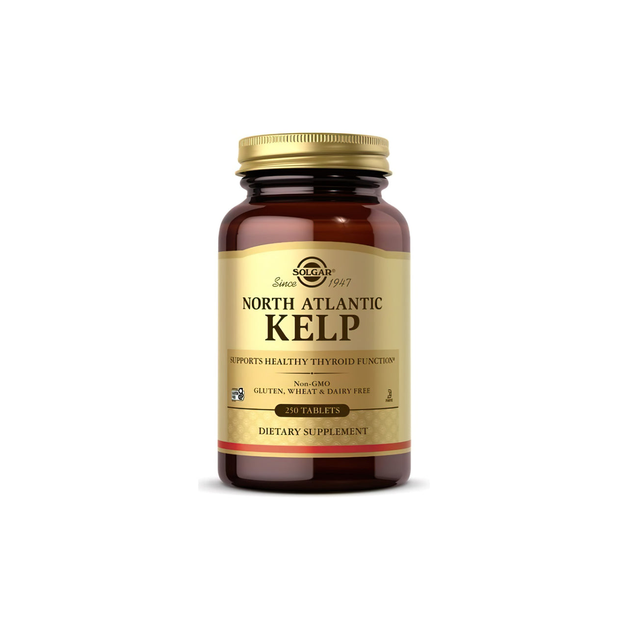 A bottle of Solgar North Atlantic Kelp 200 mcg 250 Tablets, rich in iodine for optimal thyroid gland function.