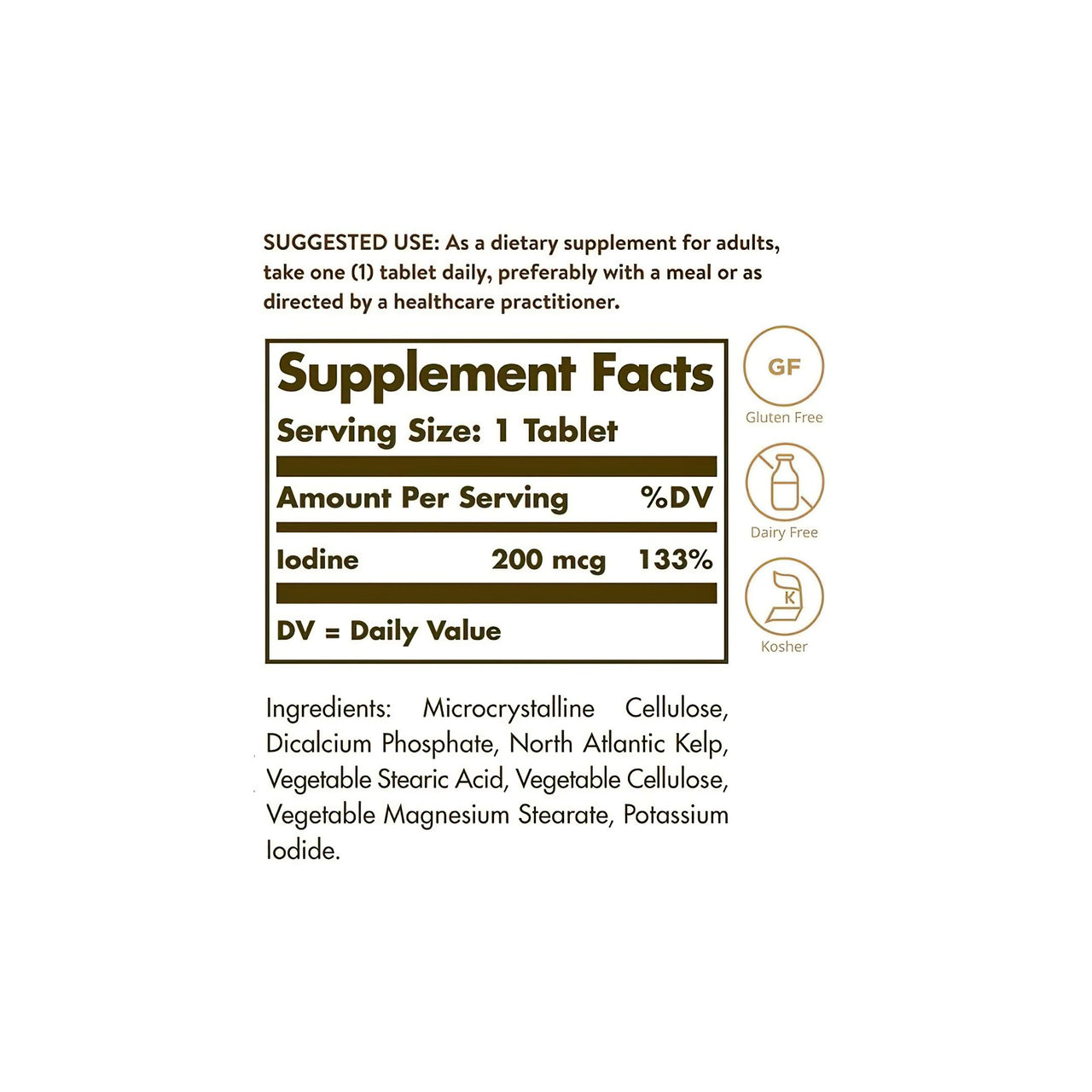 A Solgar label showing the ingredients of a North Atlantic Kelp 200 mcg 250 Tablets supplement, including iodine.