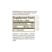 Thumbnail for A Solgar label showing the ingredients of a North Atlantic Kelp 200 mcg 250 Tablets supplement, including iodine.