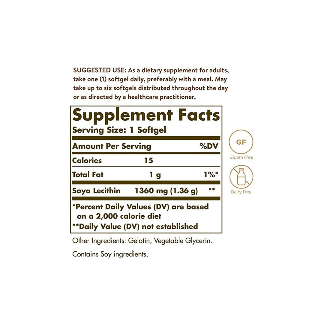 A label for Solgar Soya Lecithin 1360 mg 100 Softgels, a supplement aimed at enhancing concentration and memory, supporting the health of the brain and nervous system, and boosting metabolic processes.