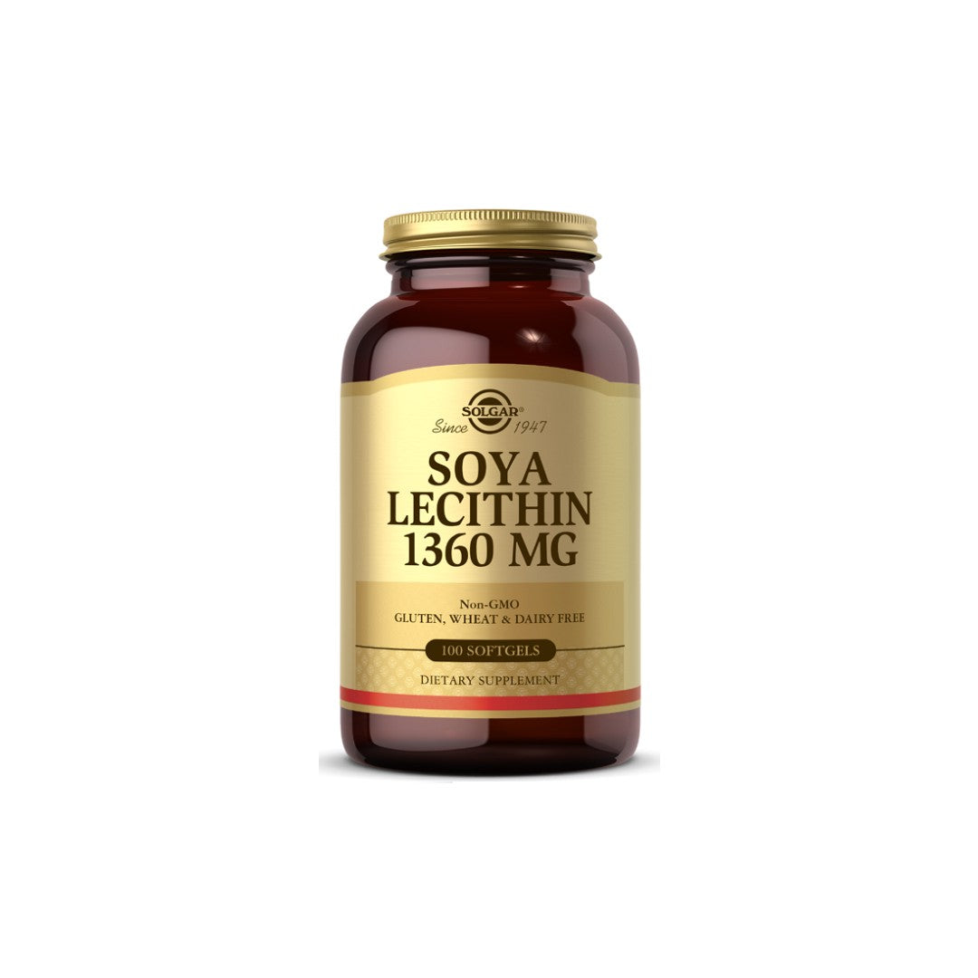 Solgar Soya Lecithin 1360 mg 100 Softgels, known for its benefits in concentration and memory, supports the brain and nervous system's metabolic processes.