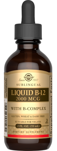 Thumbnail for Solgar Sublingual Liquid B-12 2000 mcg with B-Complex 59 ml, also known as B-complex, in a potent 2000mg formula.