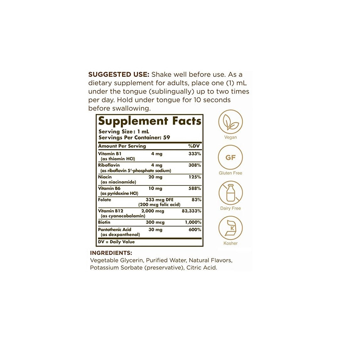 An SEO-optimized label displaying the ingredients of Solgar's Sublingual Liquid B-12 2000 mcg with B-Complex 59 ml supplement, including Vitamin B-12 and B-complex.
