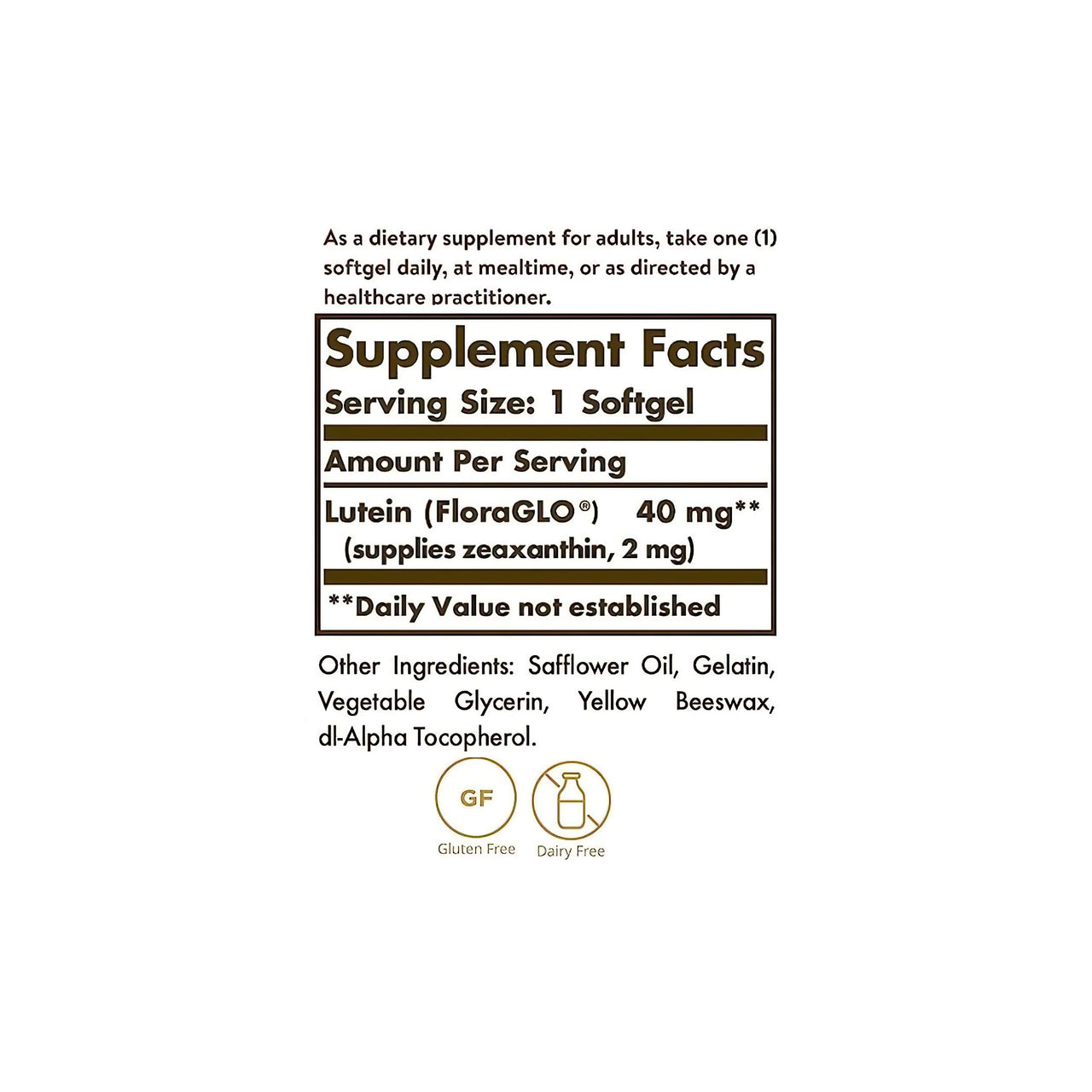 A label showing the ingredients of a supplement.