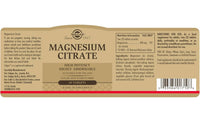 Thumbnail for The brown and white label on the Solgar Magnesium Citrate 400 mg supplement bottle highlights key information including its high potency, suitability for vegans, being free from sugar and starch, supporting both bone health and cardiovascular health, and containing 60 tablets.