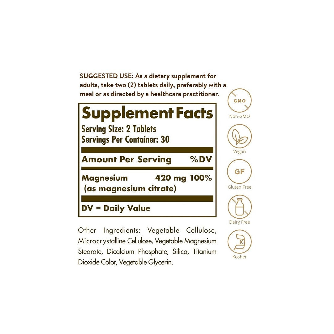 A label showing the ingredients of Solgar's Magnesium Citrate 420 mg 60 tabs supplement.