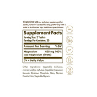 Thumbnail for A label showing the ingredients of Solgar's Magnesium Citrate 420 mg 60 tabs supplement.