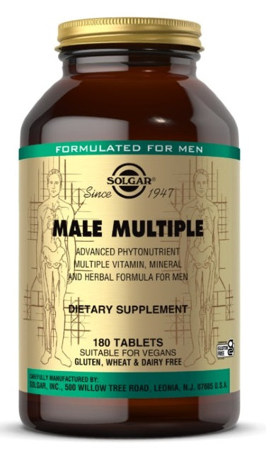 A bottle of Solgar Male Multiple Multivitamins & Minerals for Men 180 Tablets.