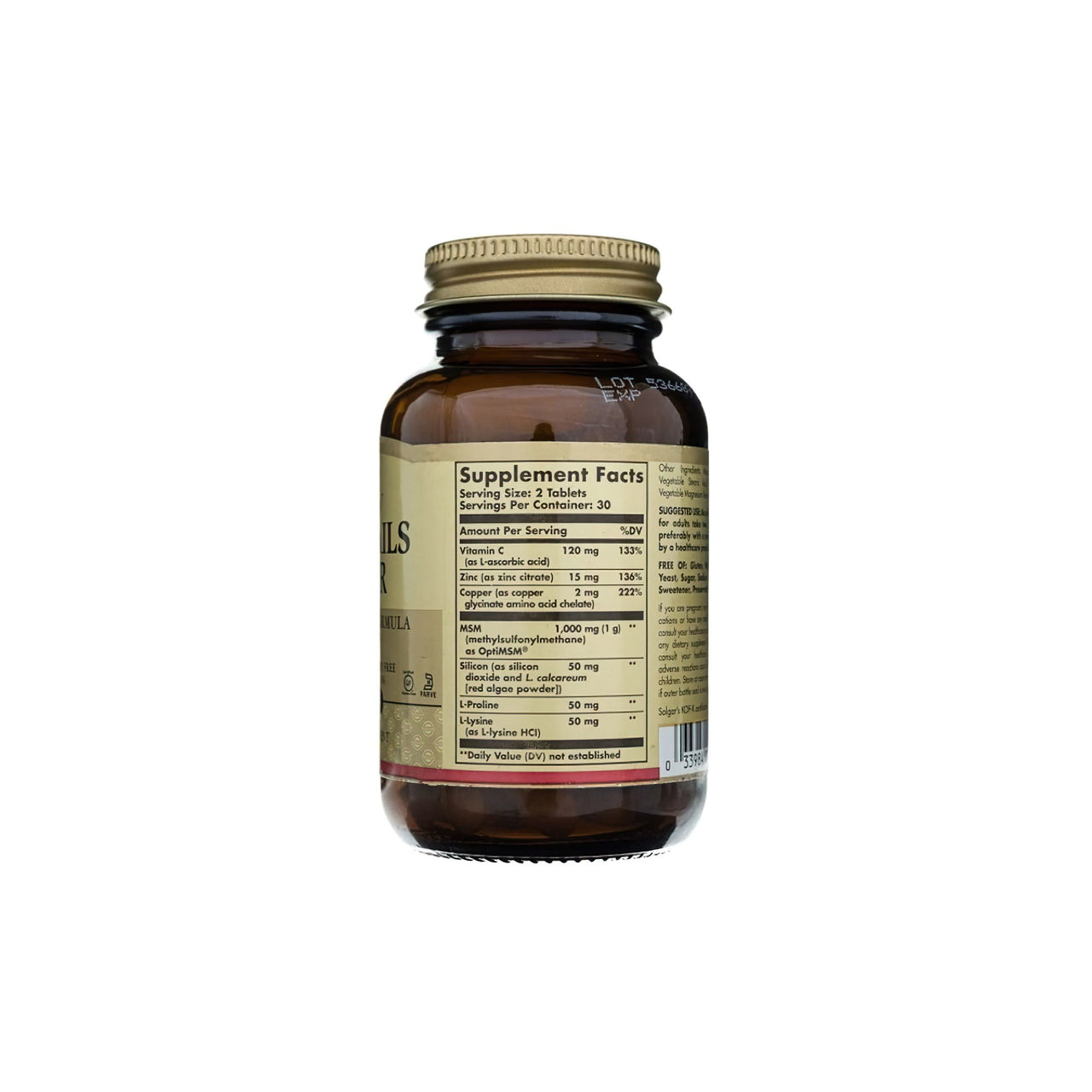 A bottle of Solgar Hair, Skin & Nails 60 tablets on a white background.