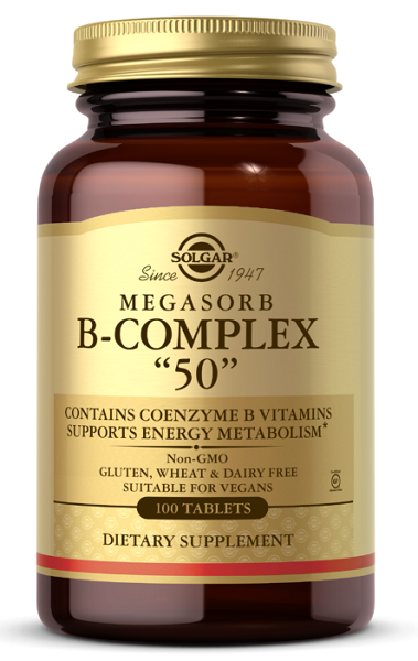 Solgar's Vitamin B-50 Complex 100 tablets supports vision and metabolism for improved skin health.