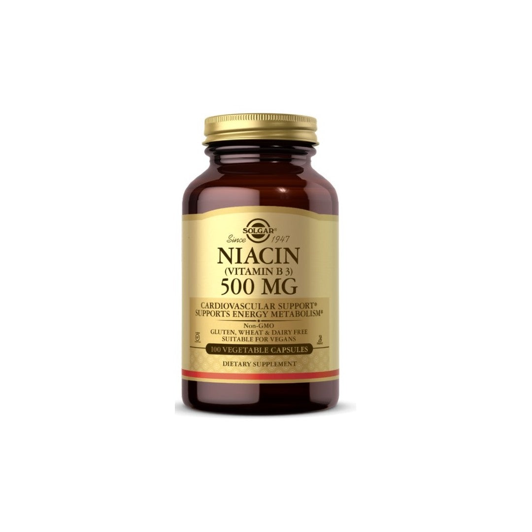 Solgar Niacin Vitamin B3 500 mg 100 Vegetable Capsules for cardiovascular health on a white background.