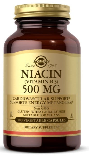 A bottle of Solgar Niacin Vitamin B3 500 mg 100 Vegetable Capsules that supports cardiovascular health and helps regulate blood lipid levels.