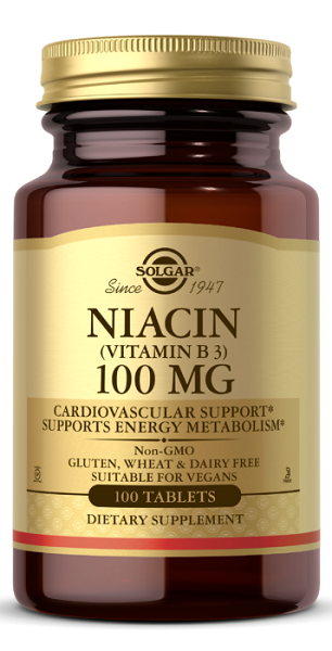 A bottle of Solgar Niacin Vitamin B-3 100 mg 100 tabs for nervous system health and energy metabolism.