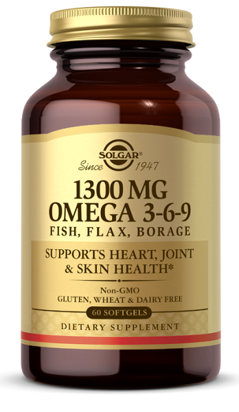 A bottle of Solgar Omega 3-6-9 60 sgel, rich in essential fatty acids and molecularly distilled.
