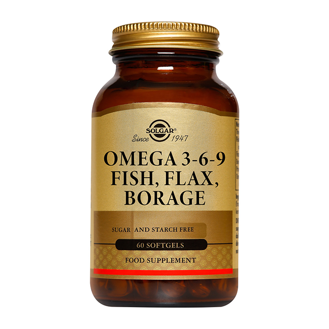 Solgar Omega 3-6-9 Fish, Flax, Borage contains 60 softgels with fish oil and borage oil; a sugar and starch free food supplement.