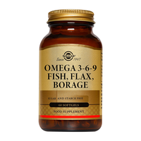 Thumbnail for Solgar Omega 3-6-9 Fish, Flax, Borage contains 60 softgels with fish oil and borage oil; a sugar and starch free food supplement.