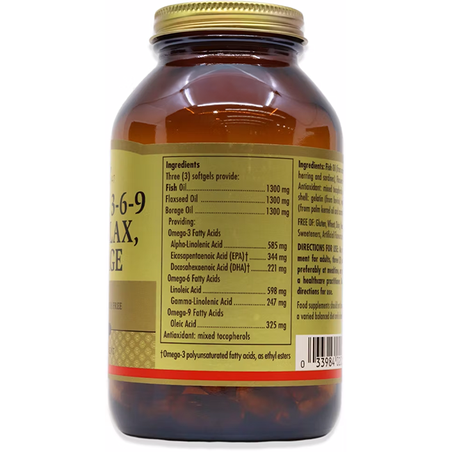 A brown bottle with a gold cap displays the Solgar Omega 3-6-9 Fish, Flax, Borage 60 Softgels supplement facts label, highlighting ingredients like borage oil and fish oil.