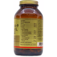 Thumbnail for A brown bottle with a gold cap displays the Solgar Omega 3-6-9 Fish, Flax, Borage 60 Softgels supplement facts label, highlighting ingredients like borage oil and fish oil.