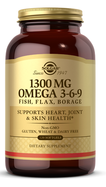 A bottle of Solgar Omega 3-6-9 1300 mg 120 Softgels, rich in omega-3 fatty acids.