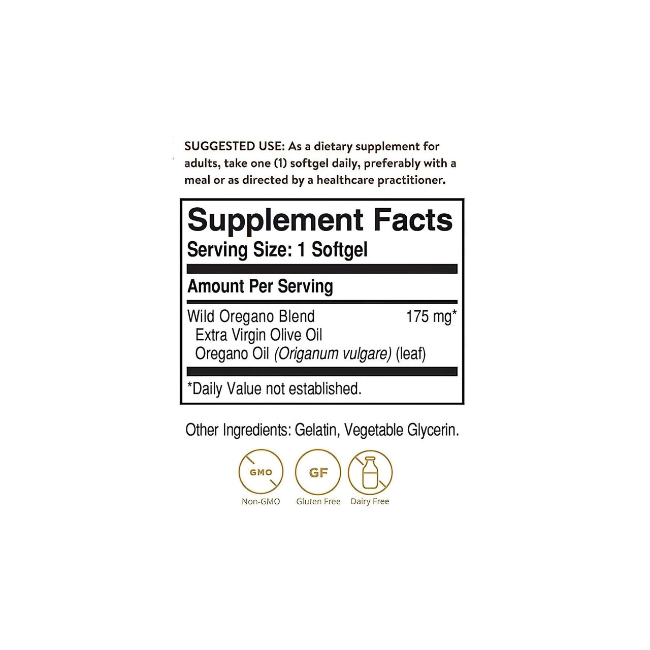 A label for Solgar's Wild Oregano Oil 175 mg 60 Softgels, a natural dietary supplement with antioxidant properties.