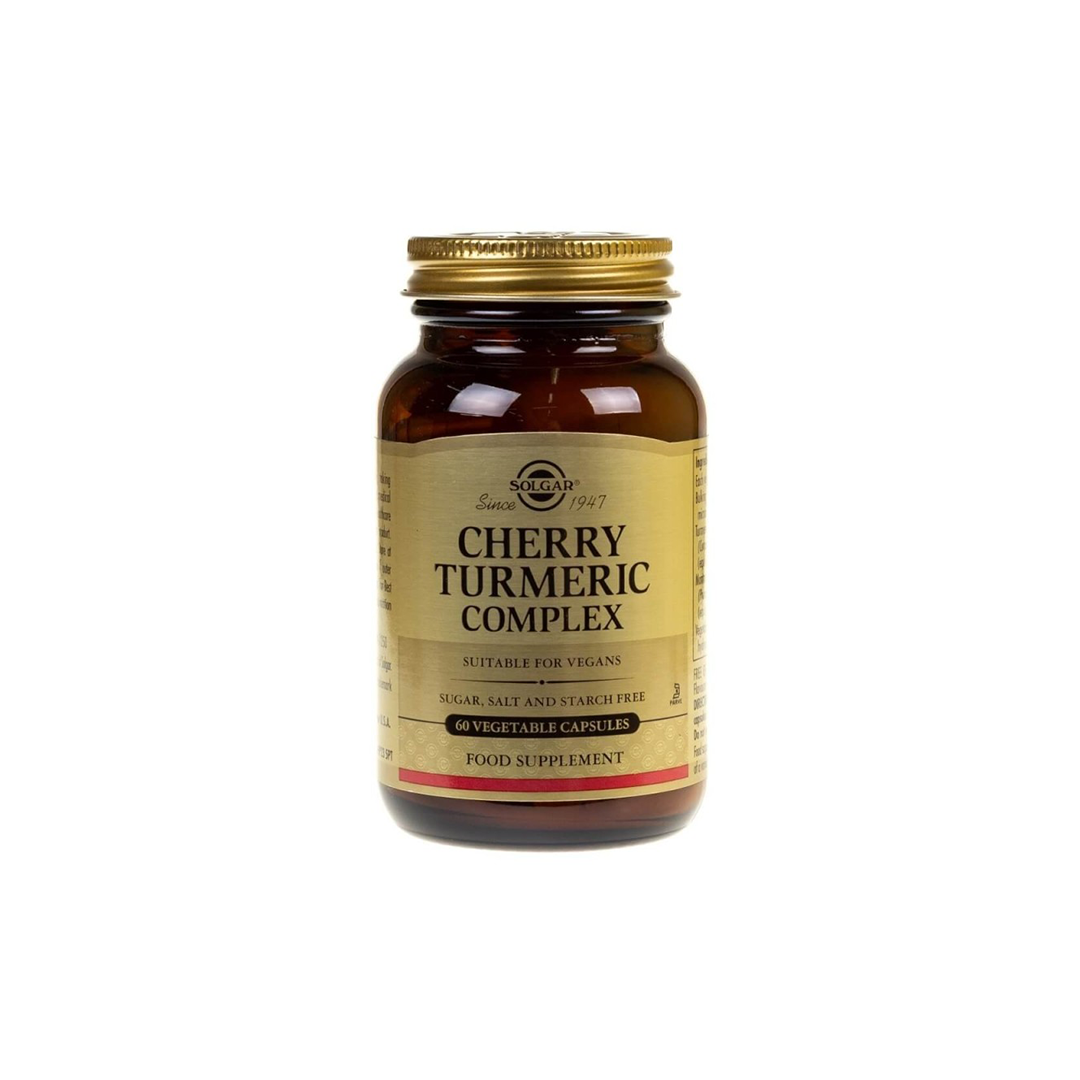 Solgar Cherry Turmeric Complex, a food supplement in a brown glass bottle with 60 vegetable capsules, features a turmeric complex with antioxidant properties and is suitable for vegans.