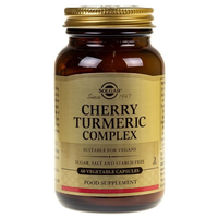Thumbnail for Solgar Cherry Turmeric Complex, 60 vegetable capsules in a brown glass bottle, is vegan-friendly and free from sugar, salt, and starch—formulated to support joint health and provide antioxidant benefits.