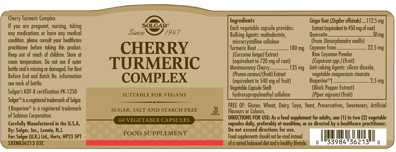 Solgar Cherry Turmeric Complex, 60 vegetable capsules: a food supplement for joint health and antioxidant support with turmeric complex; includes ingredients, usage directions, and is suitable for vegans.